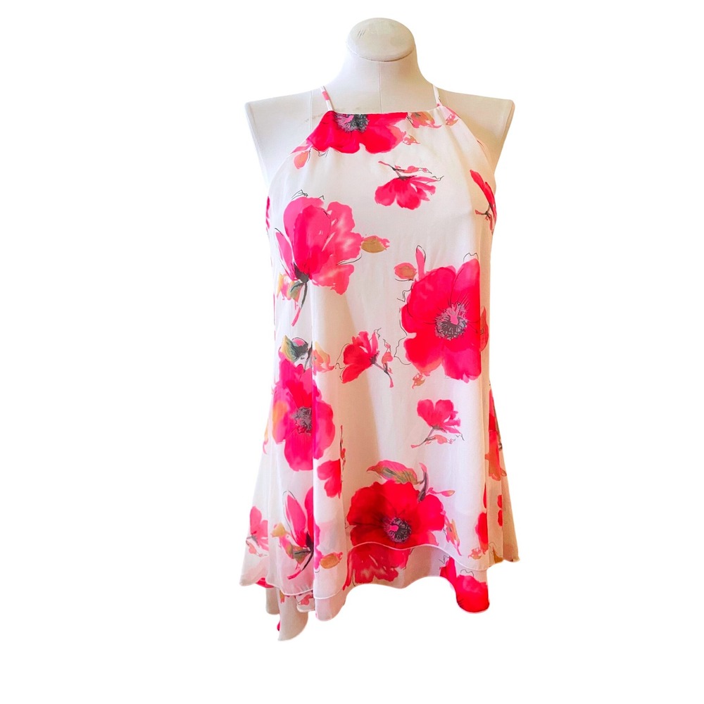 Peach‎ Royal Pink Floral Halter Mini Dress White Chiffon Tiered Layered Summer
